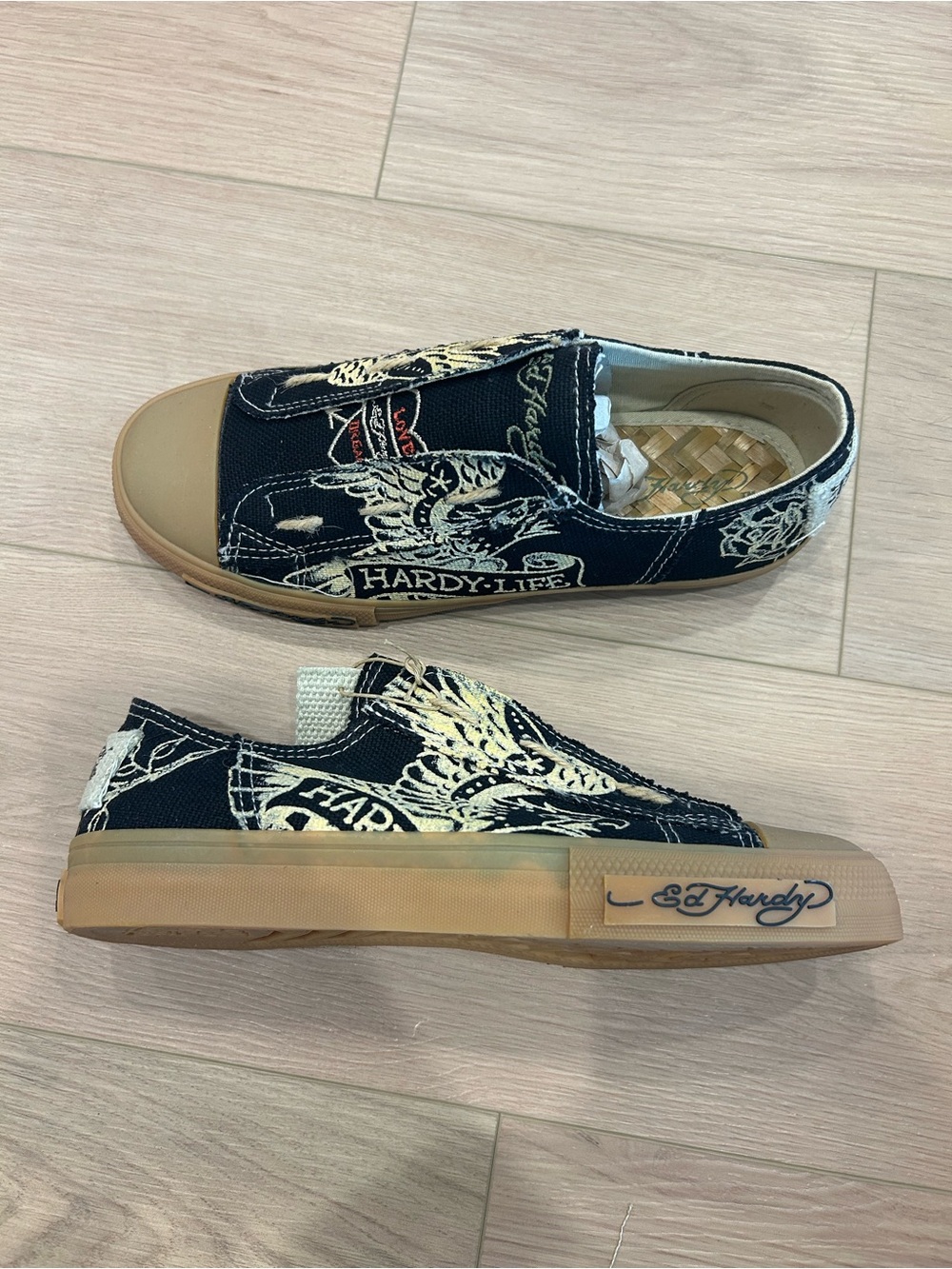 Ed Hardy Black Canvas Slip‑On Sneakers w/ Tan Sole • Size 7 👟🖤
